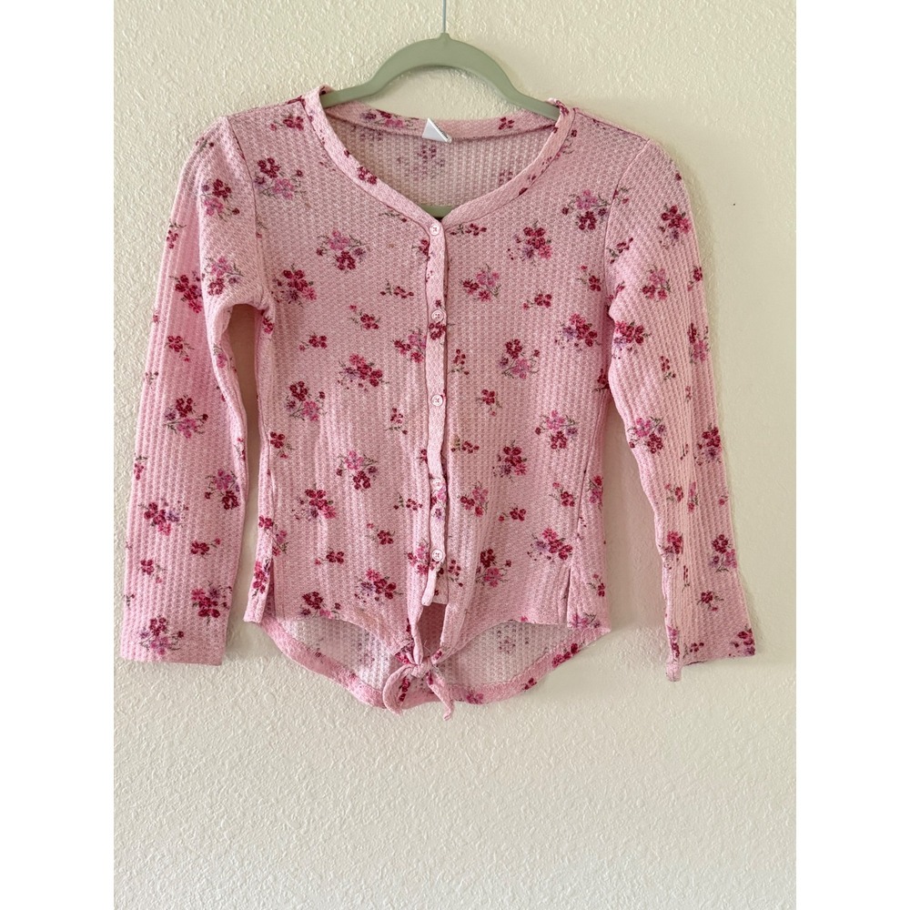 Wallflower Girls Pink Floral Waffle Knit Tie Front Long Sleeve Top Size M 10/12
